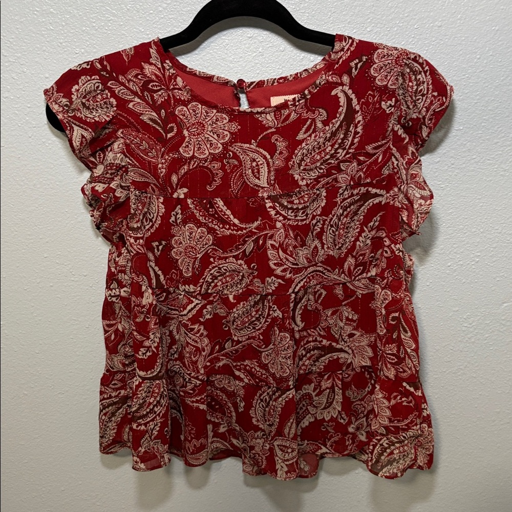 MI AMI by FRANCESCA’S Red and White Ruffled Cap Sleeve Blouse